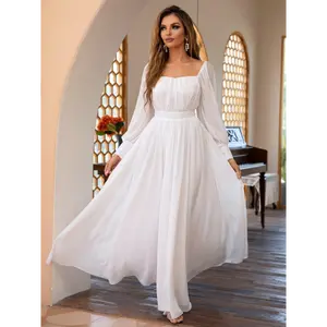 Women's Elegant Maxi A-Line Formal Dress with Puffed Sleeve & Square Neck - Floor-Length Solid White Party Wedding Guest Dress, Machine Washable Loose Fit Long Dress for Women, Spring Summer Fall Formal Events, Ruffled Chest Detail and A-Li Bridal Outfit
