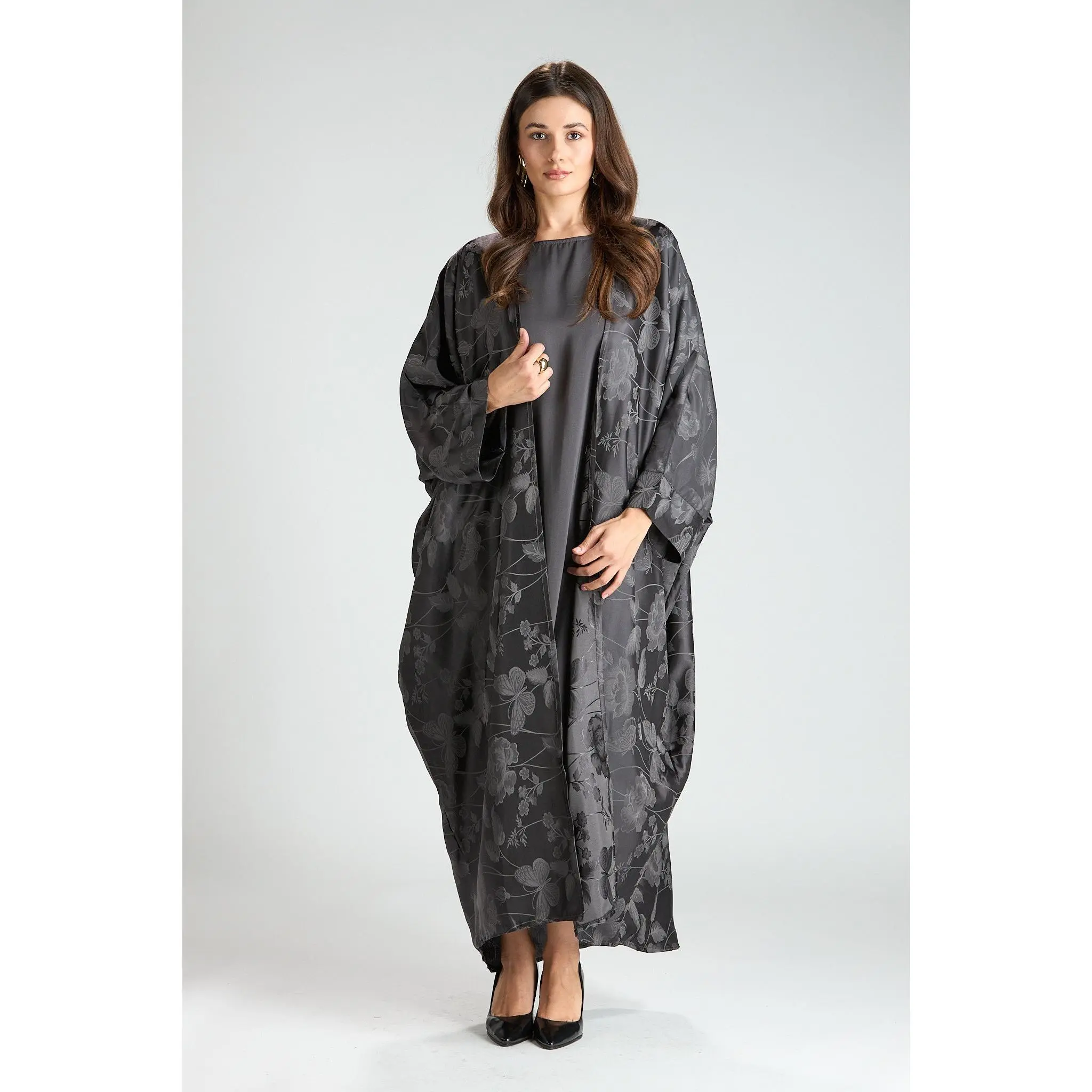 Ayla Gray Jacquard Abaya 3 pieces