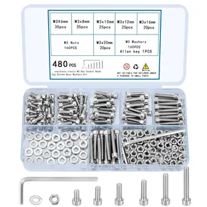 480 count M3 Screws and Nuts and Washers Set, Hex Socket  Cap Screws Nuts Washers Kit, Metric  and Nuts Kit, Stainless Steel Machine Screws Assortment Kit, Fully Threaded Hex Nuts