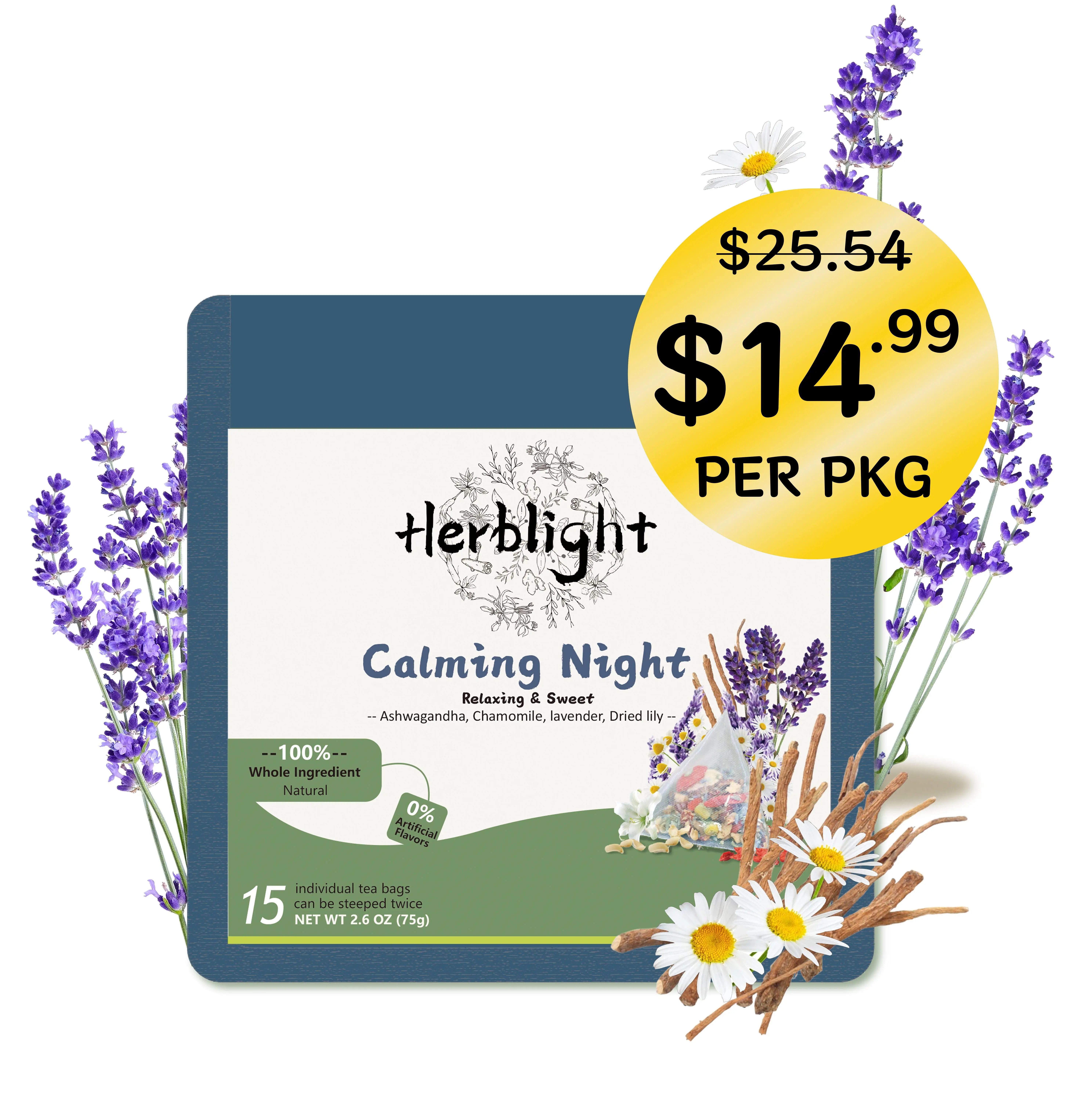 【All Natural Herbal Tea】Sleep Support & Stress Relief| Ashwagandha, Chamomile, Lavender & Licoricel - 2.6oz (75g) - No Flavors - Caffeine Free