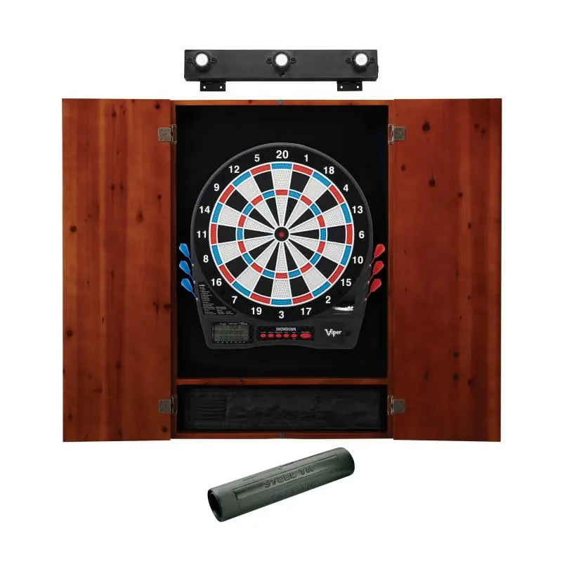 Viper Showdown Electronic Darts Board Game Bundle - Metropolitan Cinnamon Cabinet Fit, Thermoplastic Dart Mat, Shadow Buster Light, LCD Score Display, Regulation Board, Standard Size, Active