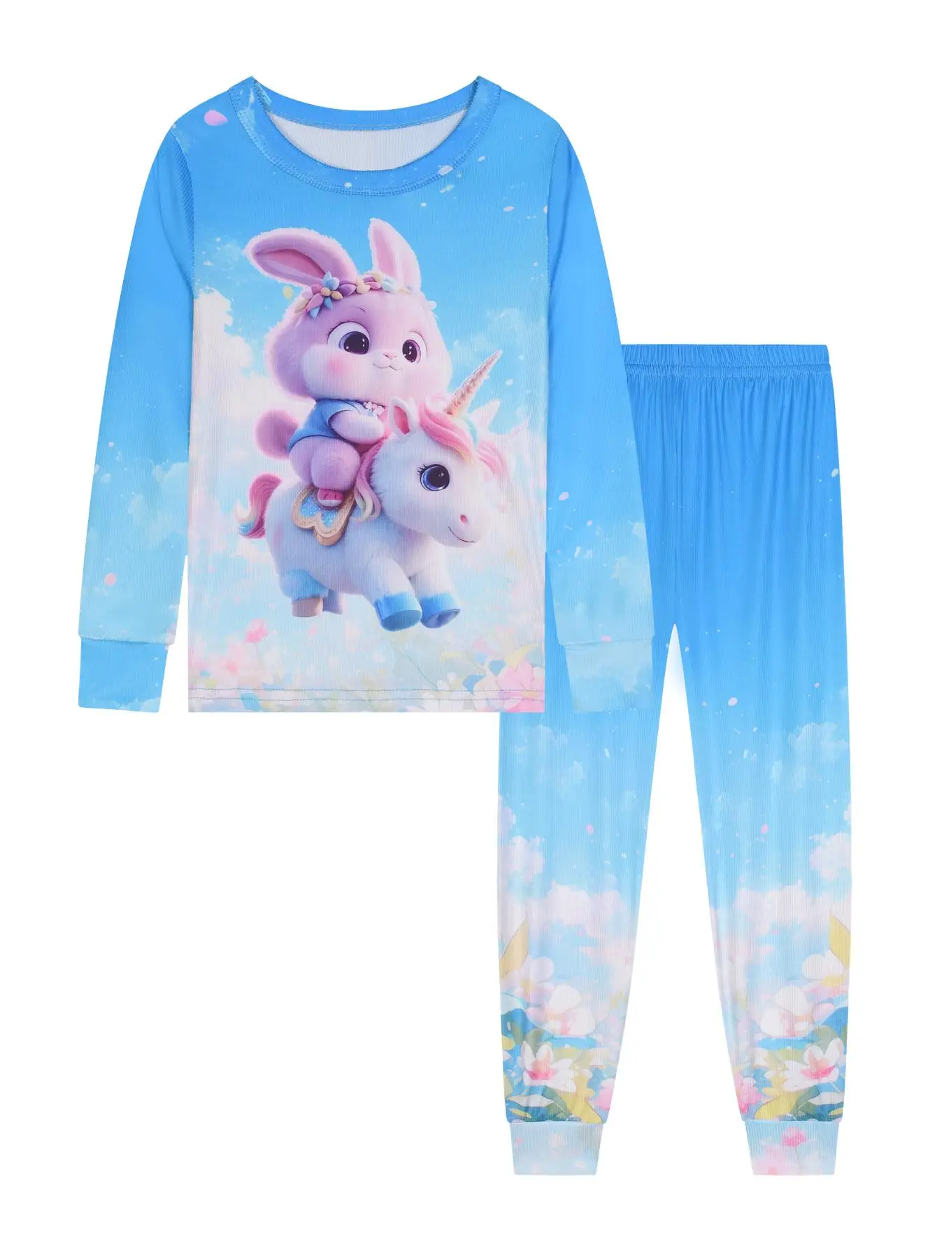 Girl's Unicorn Print Tee & Pants Pyjama, Cute Long Sleeve Round Neck Top & Trousers Pj Set, Kids Sleepwear for Fall, Cartoon Print Pajama