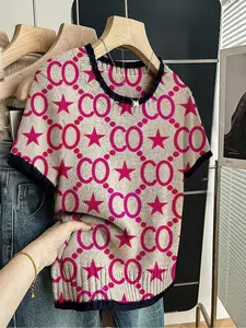 Geometric Print Round Neck Sweater, Casual Short Sleeve Fitted Knitwear for Spring Summer Fall, Comfortable Warm Women's Clothing Piece