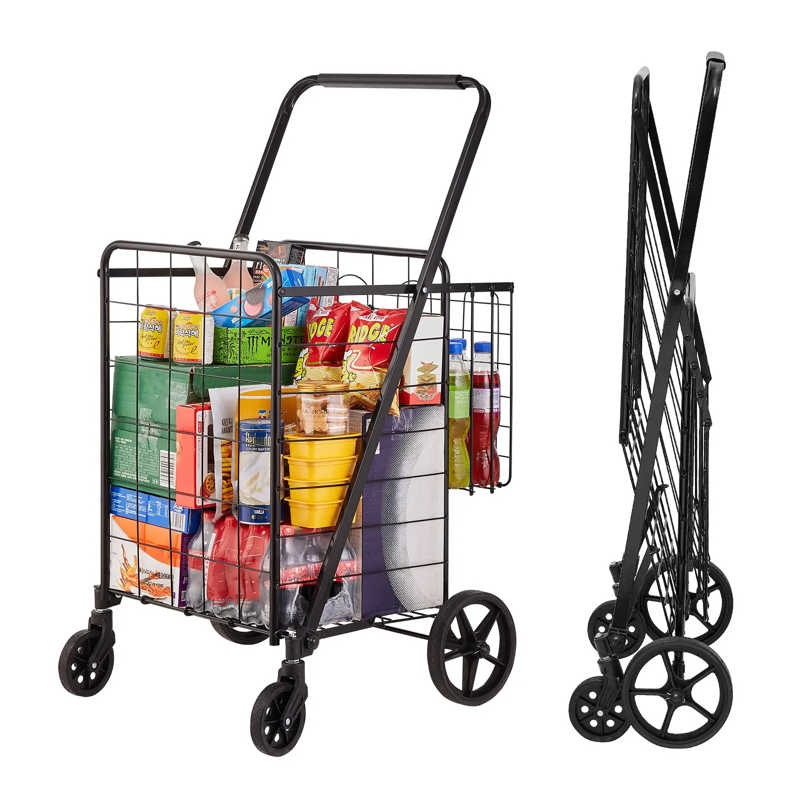【Summerfinds】VEVOR Foldable Jumbo Shopping Cart, Foldable Shopping Trolley with Double Baskets, 360° Swivel Wheels, Heavy-Duty Utility Design, 110 lbs Large Capacity for Laundry, Grocery