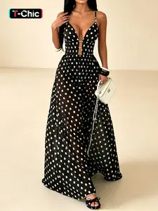 Polka Dot V-Neck Vacation Halter Dress, Mesh Patchwork Print Long Dress, Elegant Slim-Fitting Dress for All Seasons