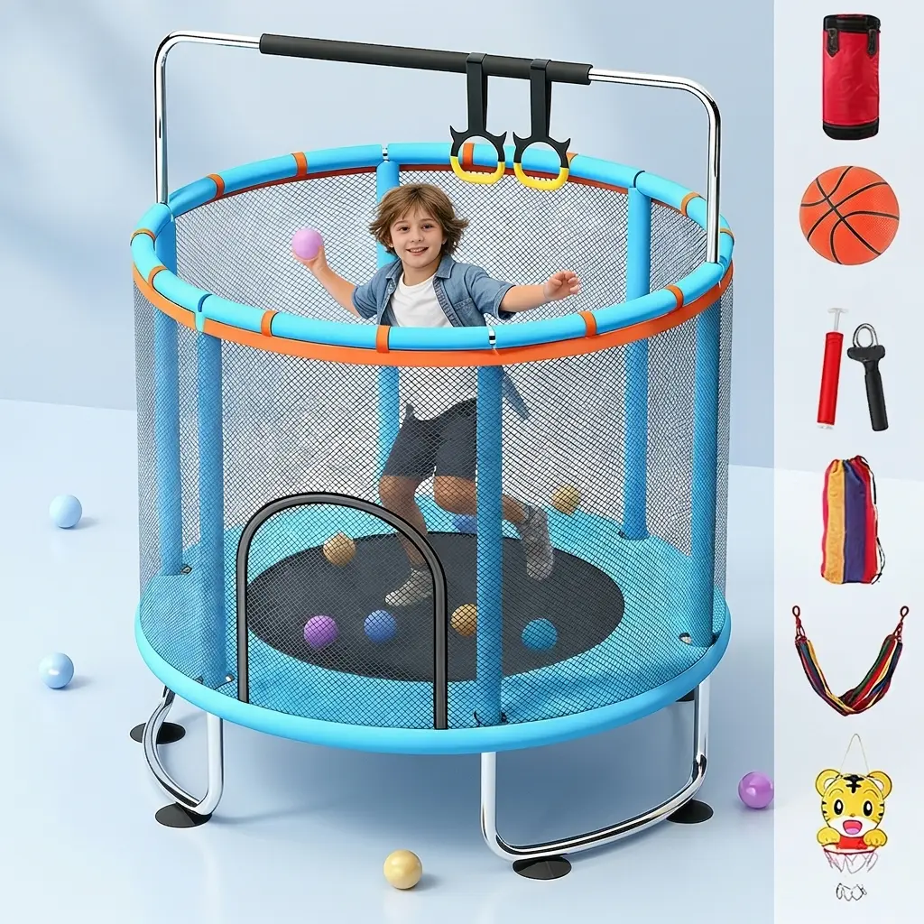 Safe 60'' Kids Trampoline with Full Enclosure Net, Multi-Functional Toddler Trampoline with Swing, Basketball Hoop, Punching Bag & Gymnastic Rings, Heavy-Duty Backyard Trampoline for Kids, Ideal for Indoor Outdoor Play