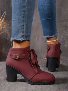 Women's Round Toe PU High Heel Thick Heeled Chunky Thick Sole, Side Zipper with Metal Buckle, Fashion Simple Short Boots for Daily Wear and Commuting, Winter Boots
