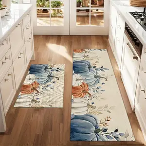 2Pcs Autumn Blue Pumpkin Watercolor Painting Floor Mat Set Farmhouse Kitchen Rug Dining Room Flooring Laundry Room Decor Carpet Mat, Kitchen Runner Rug