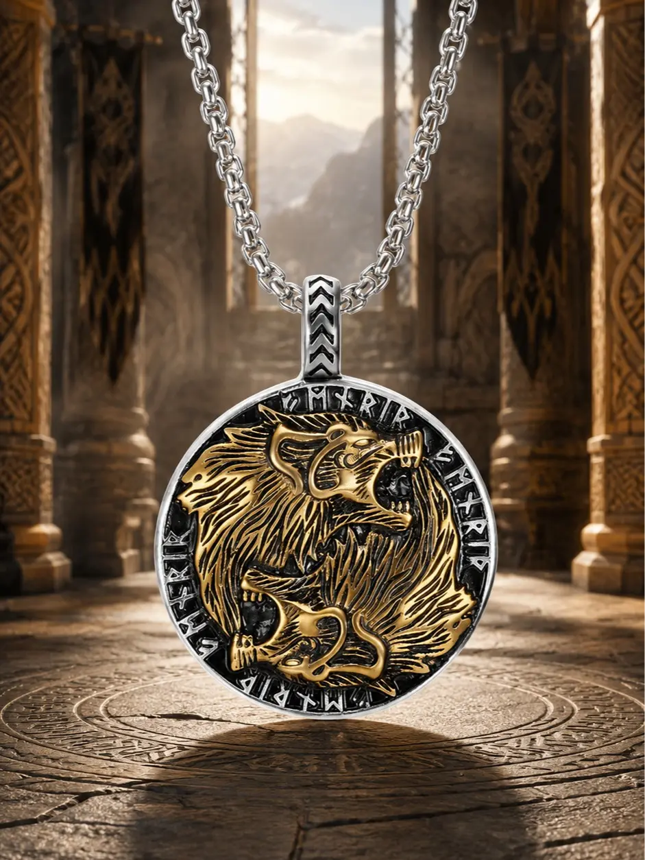 The Armored Kingdom Fenrir Wolf Necklace, Durable Metal Viking Amulet with Runic Engraving for Warriors & Fans of Medieval Fantasy, Includes Custom Scroll from the King, Meaningful Gifts, Crown Key To The Kingdom, Daily, Durable Metal Construction, Fenrir