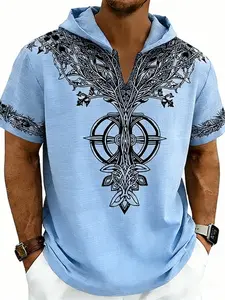 2026 New Men's Hip-Hop Celtic Tribe Print Hooded Short Sleeve T-Shirt, Viking Compass Pattern Henley, Lightweight Breathable Casual Summer Shirt