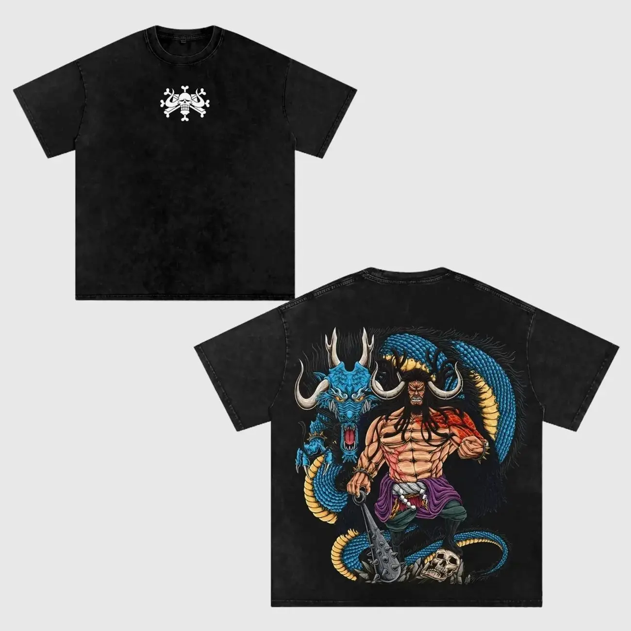 The Beasts Pirates Kaido Vintage Washed Oversize T-Shirt, Double-Print One Piece Anime Manga Tee, Heavy Cotton Unisex Streetwear, Gift for Anime Fans EW0