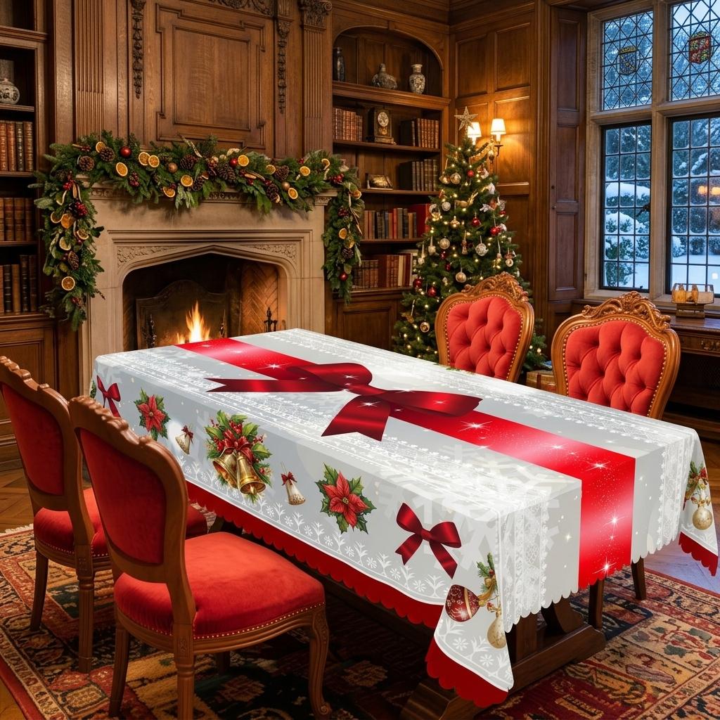 Vintage Christmas Tablecloth, Festive Red Bow Wreath Bell Poinsettia Printed Table Cover, Snowflake Lace Border, Rectangular Round Table Cloth for Holiday Party Home Kitchen Decoration, Xmas Gift