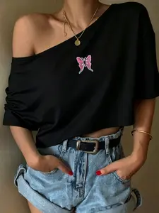 Women's 3Pcs/1Pcs Off Shoulder Butterfly Crop Tops,2026 TikTok Viral Y2K Aesthetic T-Shirts,Perfect for Daily, Party, Club, Vacation, Street Style, Summer Outfits, Cute Versatile Basic Tops for Teen Girls & Young Women, Off The Shoulder Blouses