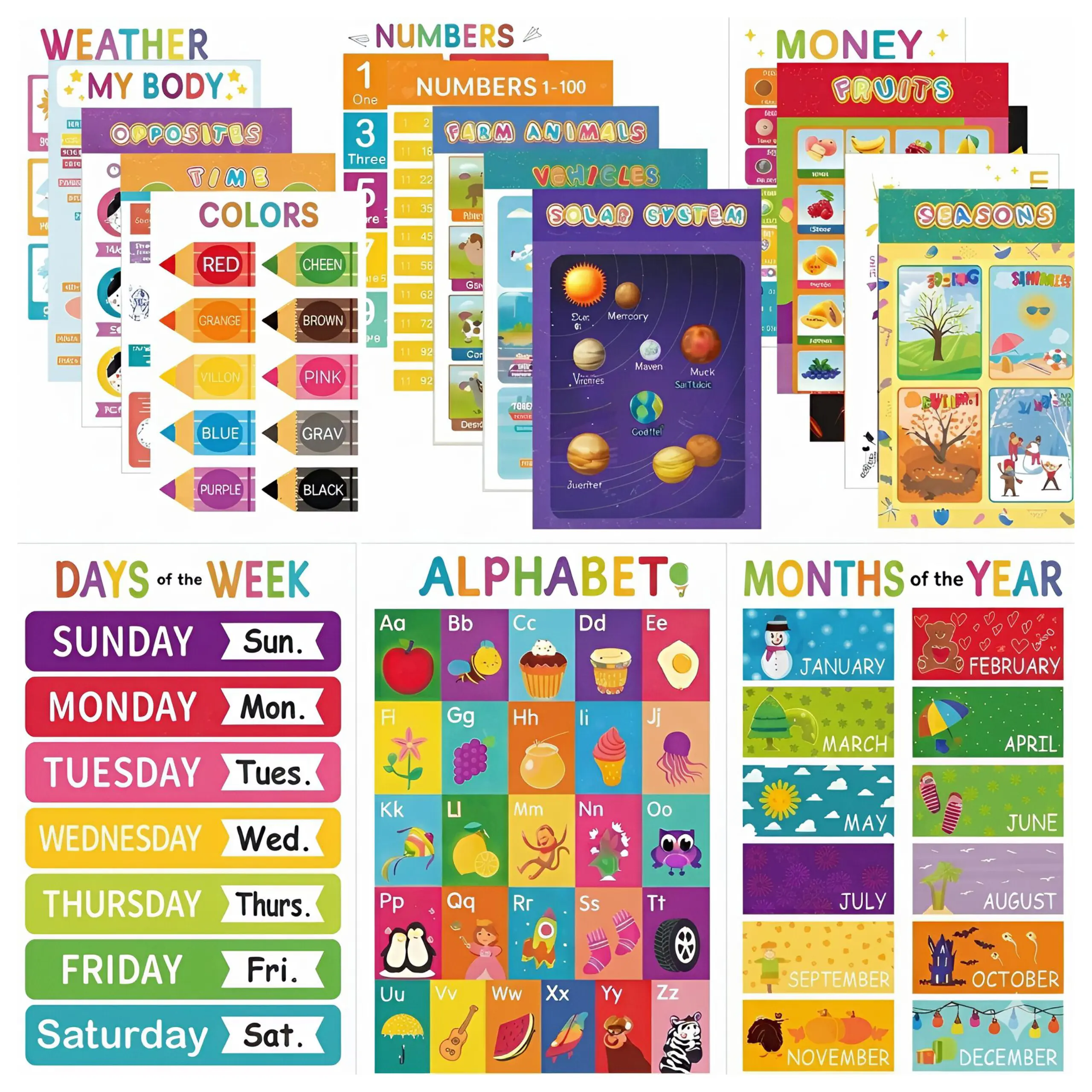 16 Educational Wall Posters for Children, Classroom and Teacher Decor for Kids, Perfect for Ages 1-5, Ideal for Elementary and Colorful-Themed Rooms.