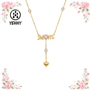 Waterproof and non-fading stainless steel necklace, Mother's Day gift, mom diamond-encrusted heart-shaped gold-plated Y-shaped collarbone chain summervibes luck jewelry