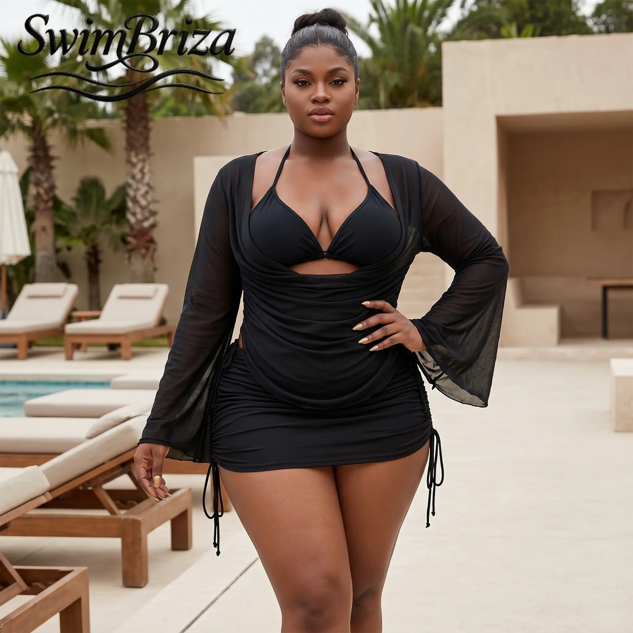 Briza｜Women's Plus Size Long Sleeve Mesh Cut Out Black Push Up Bikini Set Two Piece Swimsuit with Cover Up Beachwear Summer Vacation Swimwear Bathing Suit Pool Resort, Women's Swimwear, Bathing Suit for Women, Two Piece Bathing Suit