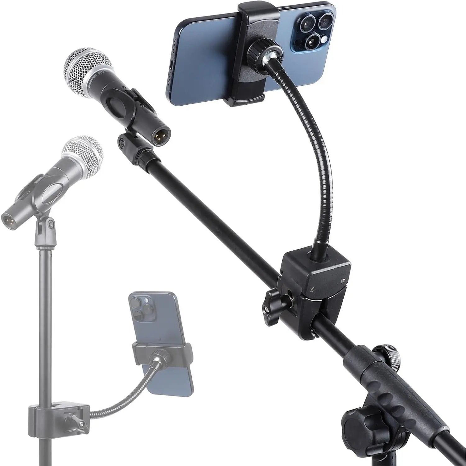Mic Stand Phone Holder, Flexible Phone Mount with 7.9" Removable Gooseneck for Microphone Music Stand, 360 ° Adjustable Phone Holder for iPhone 16 Pro Max, 15 Plus, All Smartphones Cell Phone Mount Selfie Stand