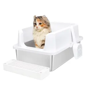 Stainless Steel Cat Litter Box, Semi-Enclosed Litter Box with Raised Edges, Anti-Leakage & Odorless, Easy to Clean, Large Litter Box for Small to Large Sized Cats (White)