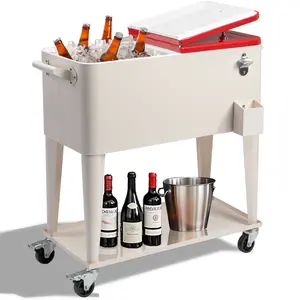 Insulated Portable Cooler Rolling Cart - 80QT Ice Chest with 48H Insulation, Wheels, Bottle Opener, Cap Catcher, Drain Plug, Milk White & Red Outdoor Furniture