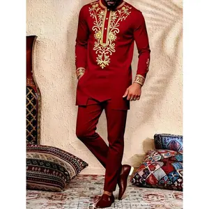 Muslim men’s new arrival African ethnic clothing set, embroidered top and long pants 2-piece set, trendy menswear