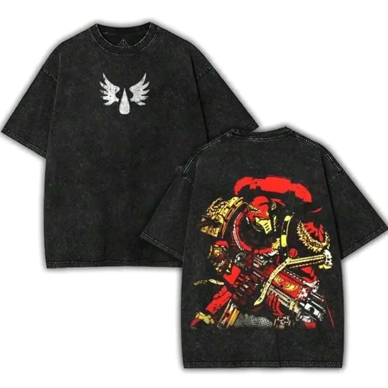Warhammer 40k Blood Angels Space Marine Acid Washed Vintage Tee Heavy Cotton Oversized Unisex Streetwear Retro Sci Fi Graphic Top Double Sided Print Casual Crewneck Fashion Apparel Ideal Gift for Warhammer Fans Daily Outdoor Street Outfit OPO