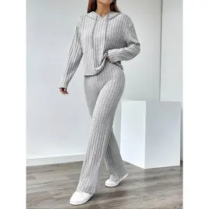 Women's Solid Color Drop Shoulder Drawstring Hooded Sweatshirt & Pants Ribbed Two-piece Set, Casual Fashion Cozy Breathable Two Piece Outfits for Daily Outdoor Wear, Ladies Clothes for All Seasons