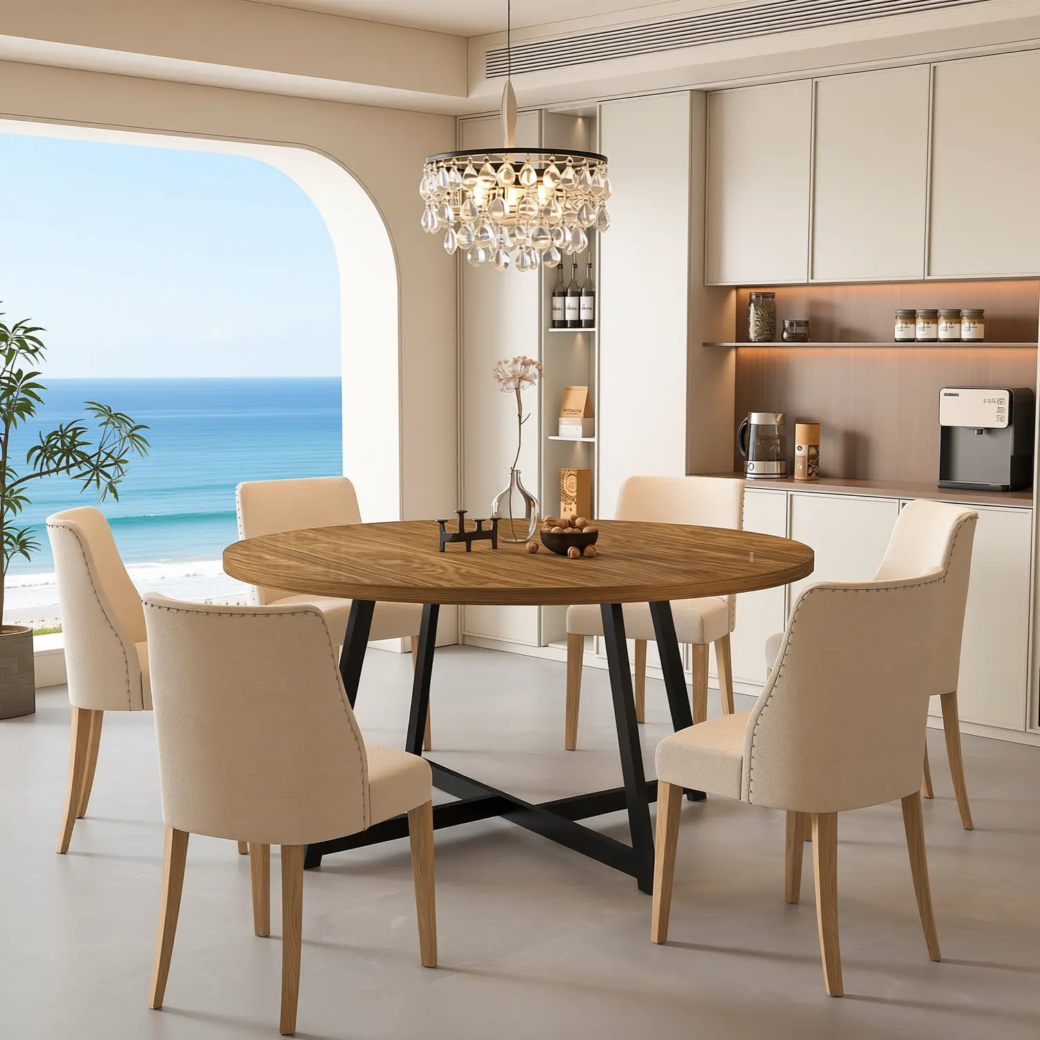 59" Round Dining Table for 6-8 People, Modern Farmhouse Kitchen Table with Carbon Steel Base, Waterproof Scratch Resistant Dinner Table for Dining Room Living Room