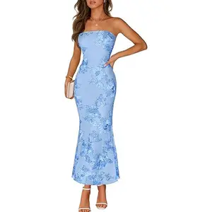 MEROKEETY Women's Floral Strapless Maxi Dress 2026 Summer Mesh Tube Bodycon Formal Wedding Guest Cocktail Party Long Dresses