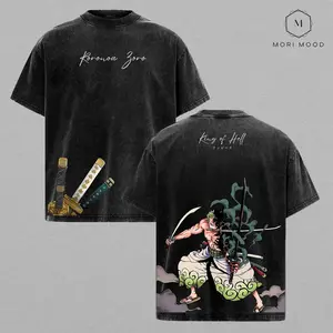 "King Of Hell" Zoro Anime Double Printed Vintage Washed Tee Unisex Oversize Anime Manga Washed Lightweight Cotton T-Shirt, Gift For Anime Fan, Anime Lover