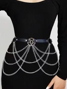 Women's Pentagram Chain Belt, Gothic Style Silver Color Chain, Fashion Body Accessory, Perfect for Electronic Girls & Music Festivals