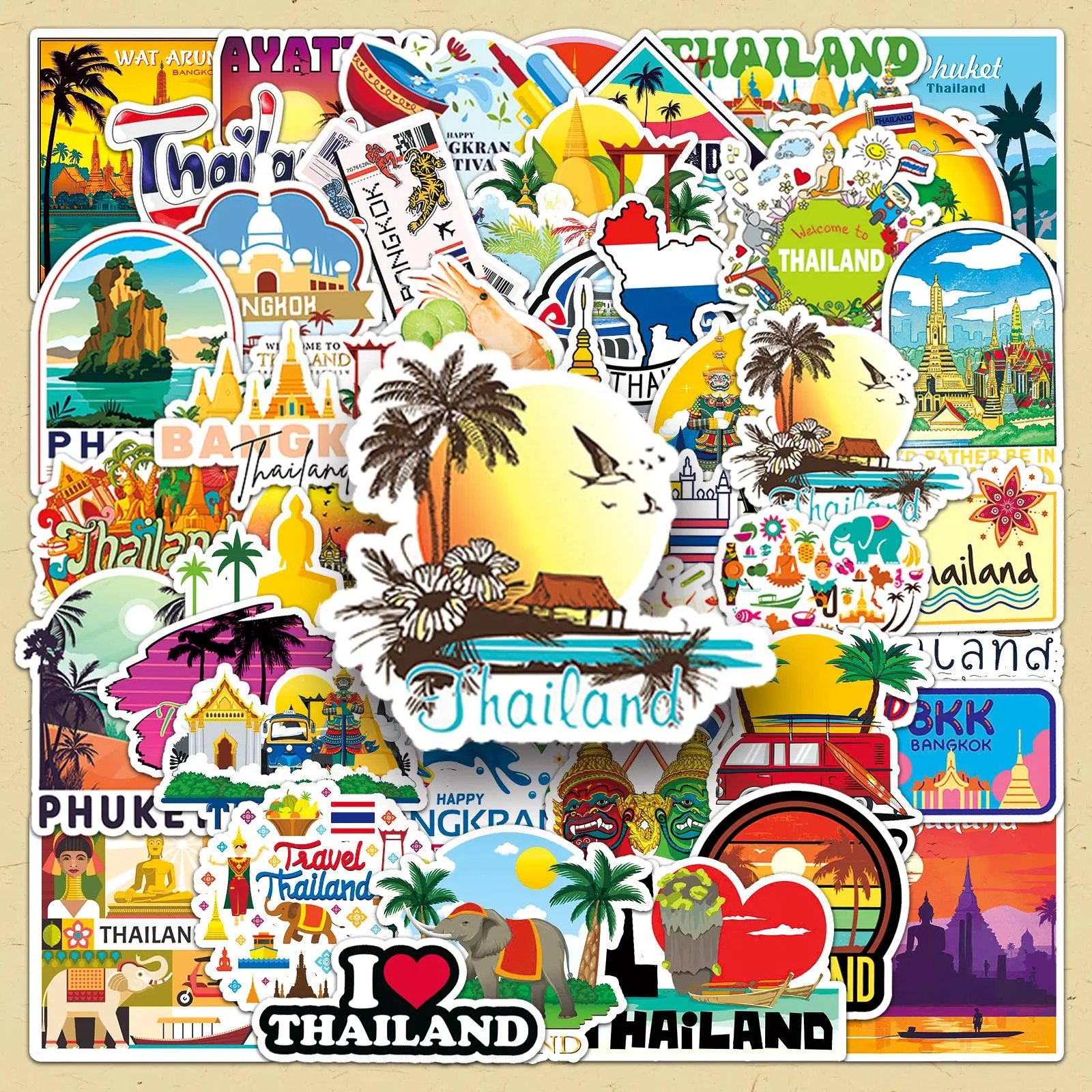 Thailand Themed Sticker, 100pcs/set Creative Thailand Landmark Pattern Decal Sticker, DIY Decorative Scrapbook Stickers for Scrapbooking, Journaling, Gift Wrapping, Sticker Packs