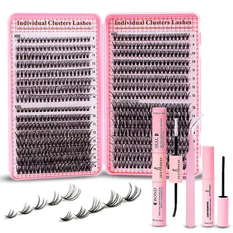 Lash Clusters Kit Natural Individual Lashes Wispy Eyelash Extensions DIY Lash Extension Kit Lash Bond and Seal Waterproof, Lash Applicator, Thick False Eyelashes Kit Mascara Brush Eyebrow Shaper Makeup Cosmetic