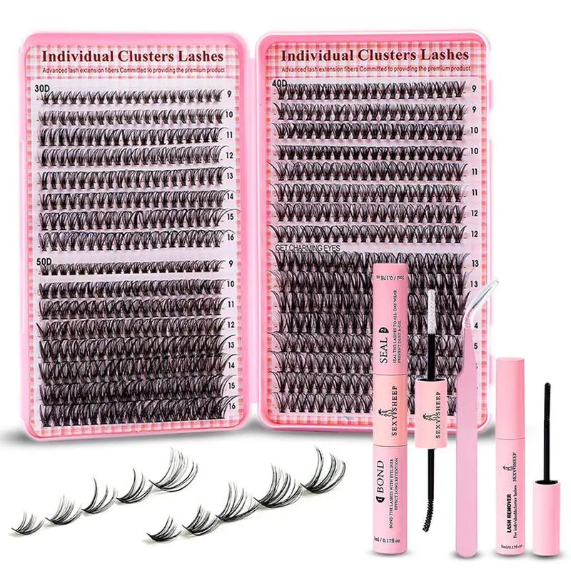 Lash Clusters Kit Natural Individual Lashes Wispy Eyelash Extensions DIY Lash Extension Kit Lash Bond and Seal Waterproof, Lash Applicator, Thick False Eyelashes Kit Mascara Brush Eyebrow Shaper Makeup Cosmetic