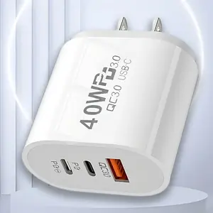 40W 3-Port Fast Charging USB C Charger, PD+QC Power Adapter, US Plug, Compatible with iPhone 17/16/15/14/13 Pro Max, for iPad, Compatible with Samsung, Galaxy S25/S24, etc. - Multi-Device Charging Station, Portable Charging Hub