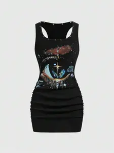 Grunge Punk Starry Sky Rivet Print Bodycon Mini Dress Retro Baddie Streetwear Women Dress