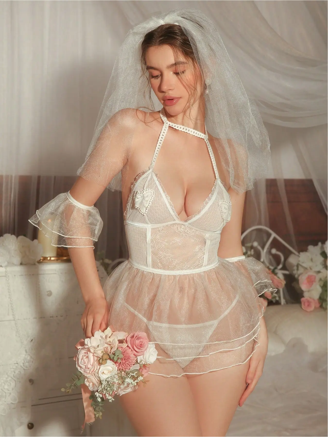 Women's Sexy Bridal Nightgown, Lace Spliced Sheer See-through Wedding Lingerie Loungewear, Wire-Free 5-Piece Set Includes Nightgown, Thong, Veil and 2 Armbands, Perfect for Private Parties