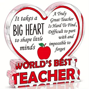 Teacher Appreciation Gift, Heart Shaped Acrylic Plaque Sign, Desk Signs Ornament, World's Best Teacher Gift, Thank You Teacher Graduation Gift, Desk Decor for Home Office School