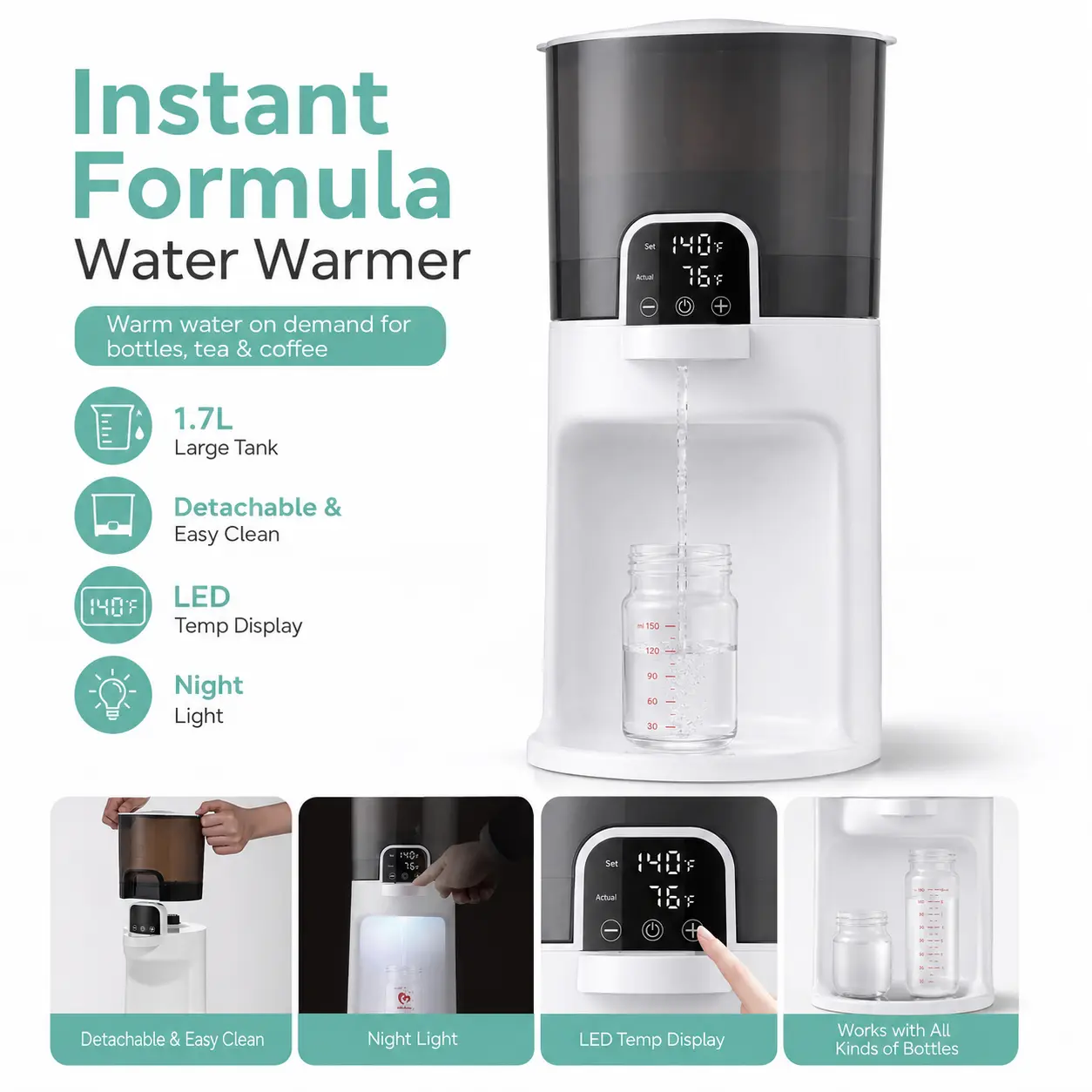 1.7L Compact Electric Warm Water Dispenser with Bottle Warmer, Detachable Water Tank, LED Display, Night Light, Temperature Control, Small Footprint, LED Touch Panel for Milk, Tea