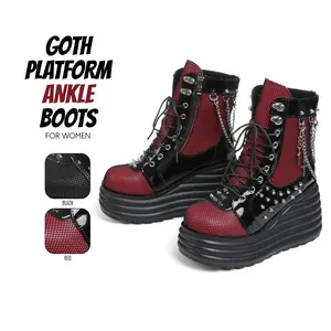 Goth Platform Ankle Boots for Womens Round Toe Chunky High Heel Metallic Chains Crisscross Stud Rivets Lace Up Closure Side Zipper Easy Pull on Gothic Combat Punk Gifts Rave Party Wedding Outdoor Events Motorcycle Riding Cosplay Dress Shoes