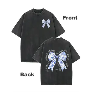 Vintage Washed Men'S T-Shirt Religious Style Blue and White Floral Bow Pattern  | Cotton Heavyweight, Double-Sided Printing, Retro Street Style, Crew Neck, Short Sleeves