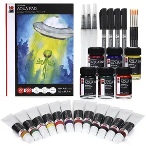 Marabu Watercolor And Mixed Media Set - Watercolor Paper A4 220 GSM - 12 Watercolor Paint Tubes, 6 Watercolor Inks, 4 Black Fineliner Pens, and 3 Water Fillable Brushes