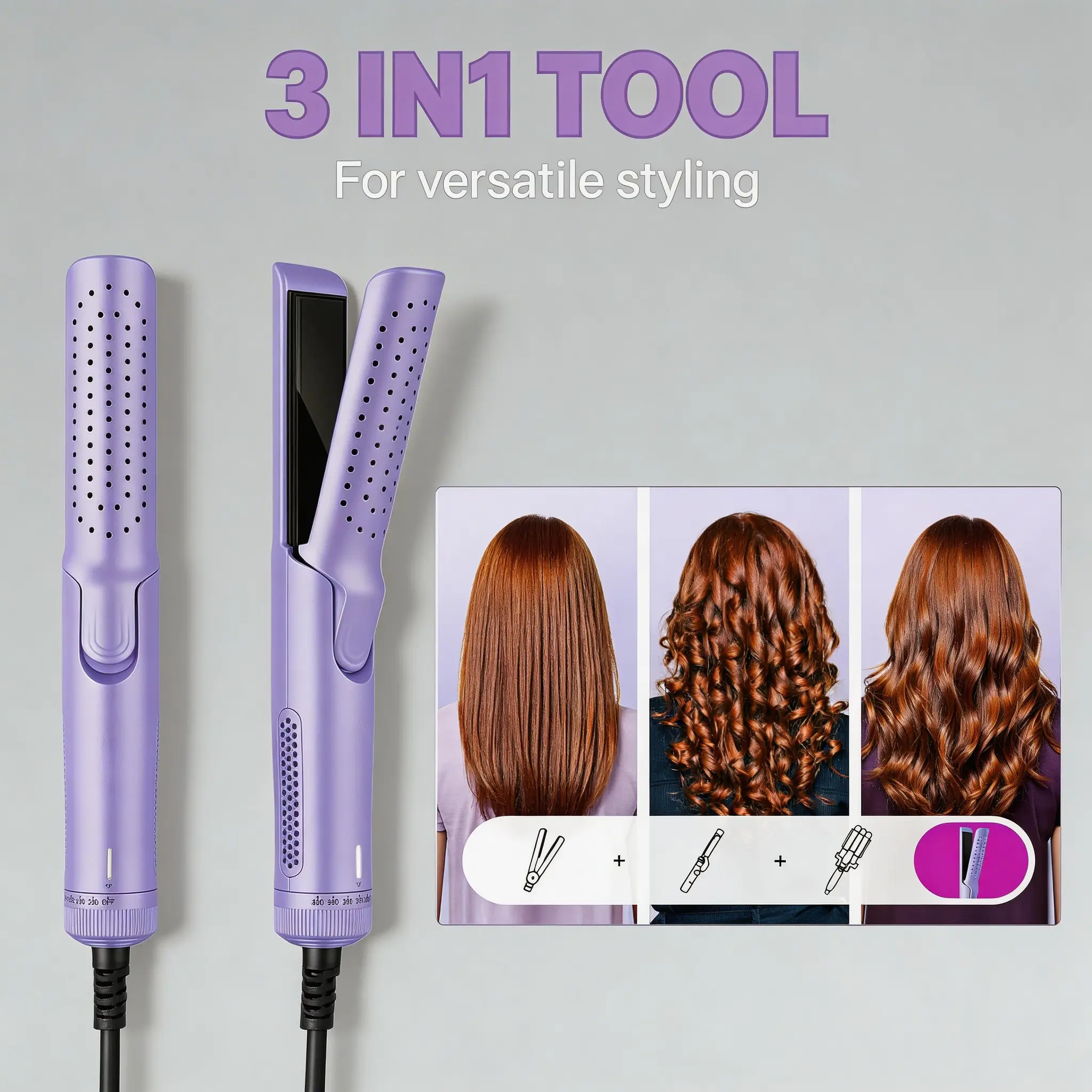 Airflow Styler Curling Iron, 360° Cool Air Lock in Style for Lasting Curls, Reduces Damage, 2 in 1 Hair Straightener and Curler, 1.25 Inch, Anti-Scald for Short Long Hair, Purple, Hair Styling