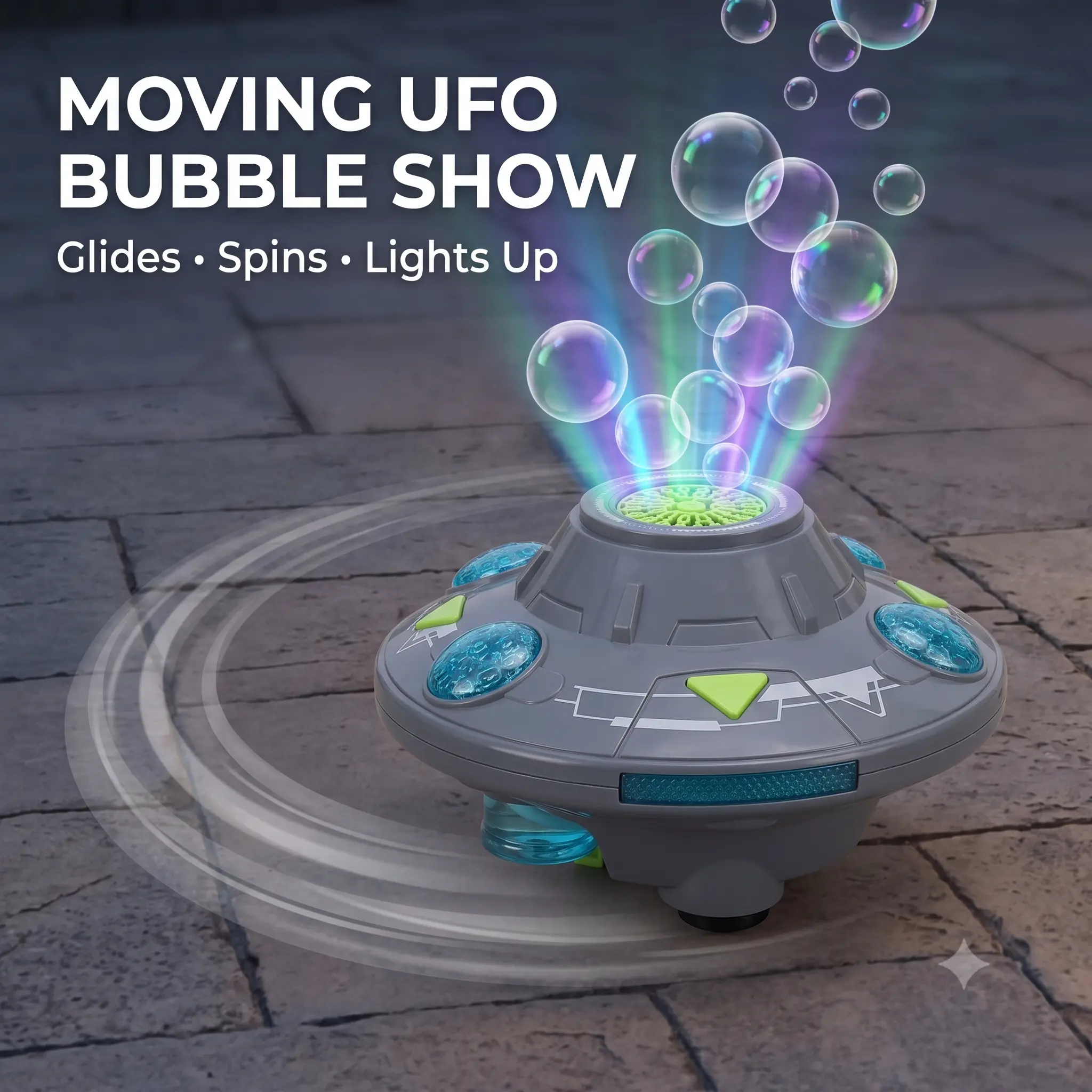 UFO Bubble Machine for Kids, Ground-Gliding Automatic Bubble Blower with LED Lights, Self-Rotating Bump-and-Go Toy, Rechargeable Outdoor Party Bubble Maker with 2 Bubble Solution Bottles