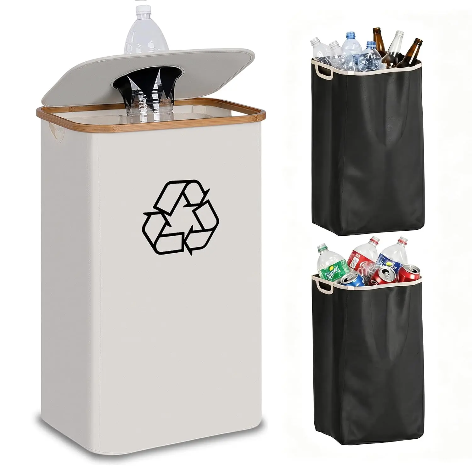 100L 26 Gallon Recycling Bin for Kitchen Indoor Outdoor Home - Tall Recycle Bin with 2 Removable Reusable Inner Bags, Bottle Can Plastic Container, Stickers Included (Beige)