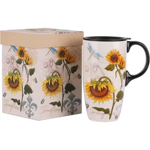 Ceramic Mug Sunflower Coffee Cup with  Box Latte Mug with Lid, 17oz. Sunflower and Dragonfly