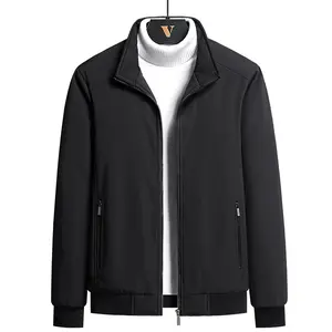 Men's Black Ribbed-Trim Zip-Up Jacket with Stand Collar Classic Casual Style with Side Pockets
