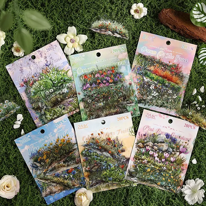 6 packs 120 pcs Green Field Floral Theme Sticker Pack, Exquisite Patterns with No Repeated Images, Suitable for Scrapbooking, Diary Decoration, Phone Case and Cup Stickers, Memo Accessories, and Decorative Stickers for Junk Journals and Crafts