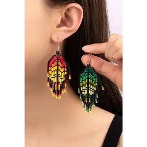 Boho seed bead feather drop earrings