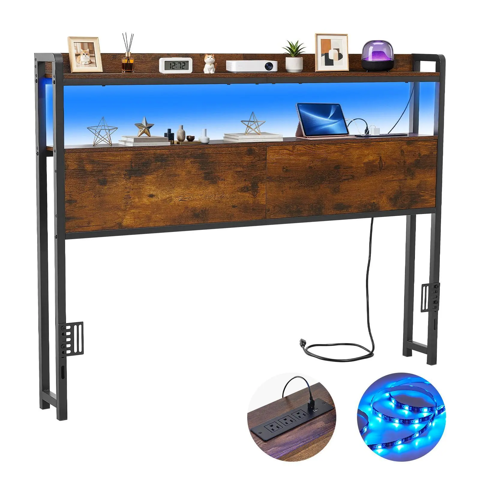 VEVOR Classic Full Size Furniture-Style Metal Headboard, Carbon Steel Build with 2 Storage Shelves, LED Lights, 3 Outlets, 3 USB Ports, Charging Station, Adjustable Height, Color Changing, Easy Setup, Sturdy Black Indoor Bed Headboard#SohoChic