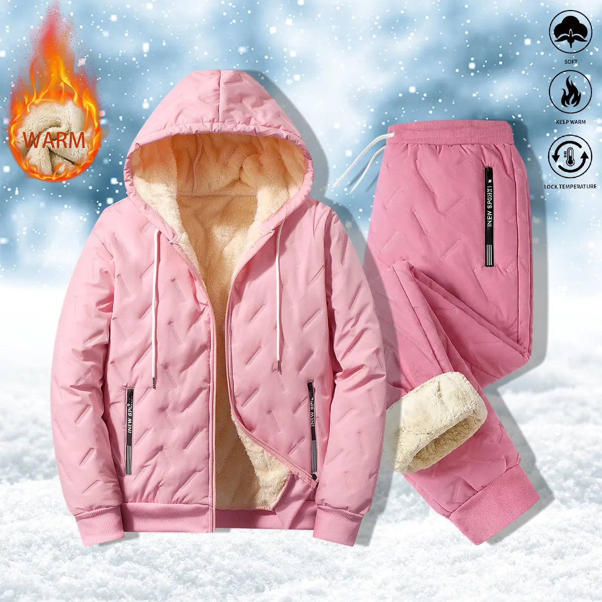 Women’s fleece-lined, thick set: hooded fleece jacket and fleece pants in a solid color—warm and comfortable, suitable for commuting and everyday wear; women’s clothing, women’s set.